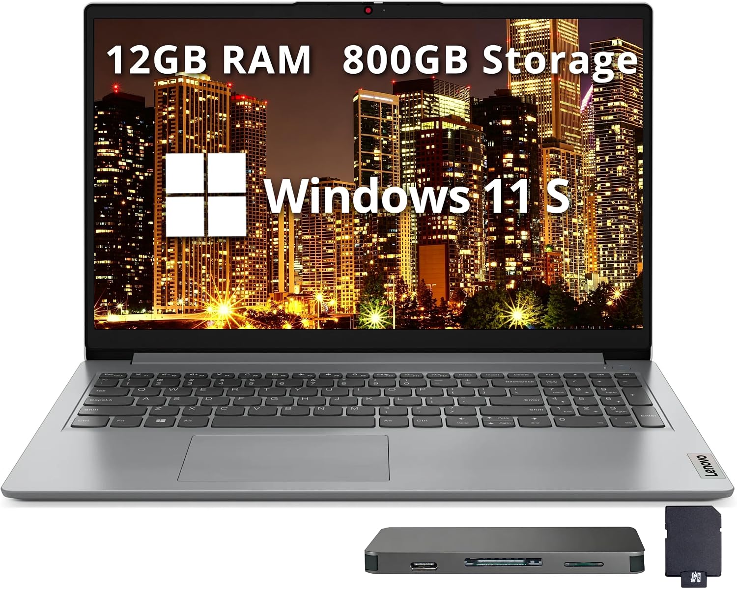 Lenovo IdeaPad 1 15.6' HD Laptop, Intel Pentium Silver N6000, 12GB RAM, 800GB Storage (512GB SSD+128GB eMMC+160GB Docking Station Set), Intel UHD Graphics, Num Pad, 1 Year Office 365, Win 11 S, Gray