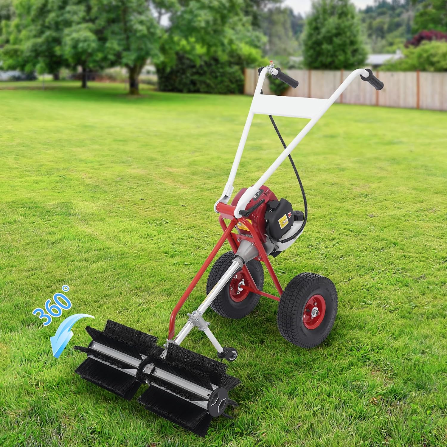 4-Stroke Gas Powered Hand Push Sweeper, Outdoor Hand Held Gas Power Broom Gas Handheld Walk Behind Push Lawn Sweeper Artificial Turf Gas Power Sweeper w/ 23in Long High-Density Brush for Driveway Snow