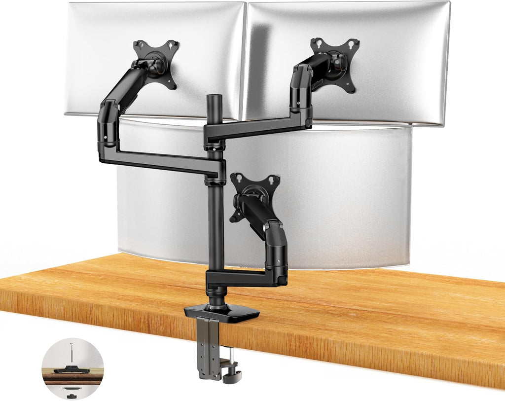 Ergounion Heavy Duty Triple Monitor Mount, Mechanical Spring 3 Monitor Arm Fits Three 13-40 Inch Screens (25 lbs/Arm), Fully Articulating VESA Desk Stand (C-Clamp/Grommet), Premium Aluminum, Black