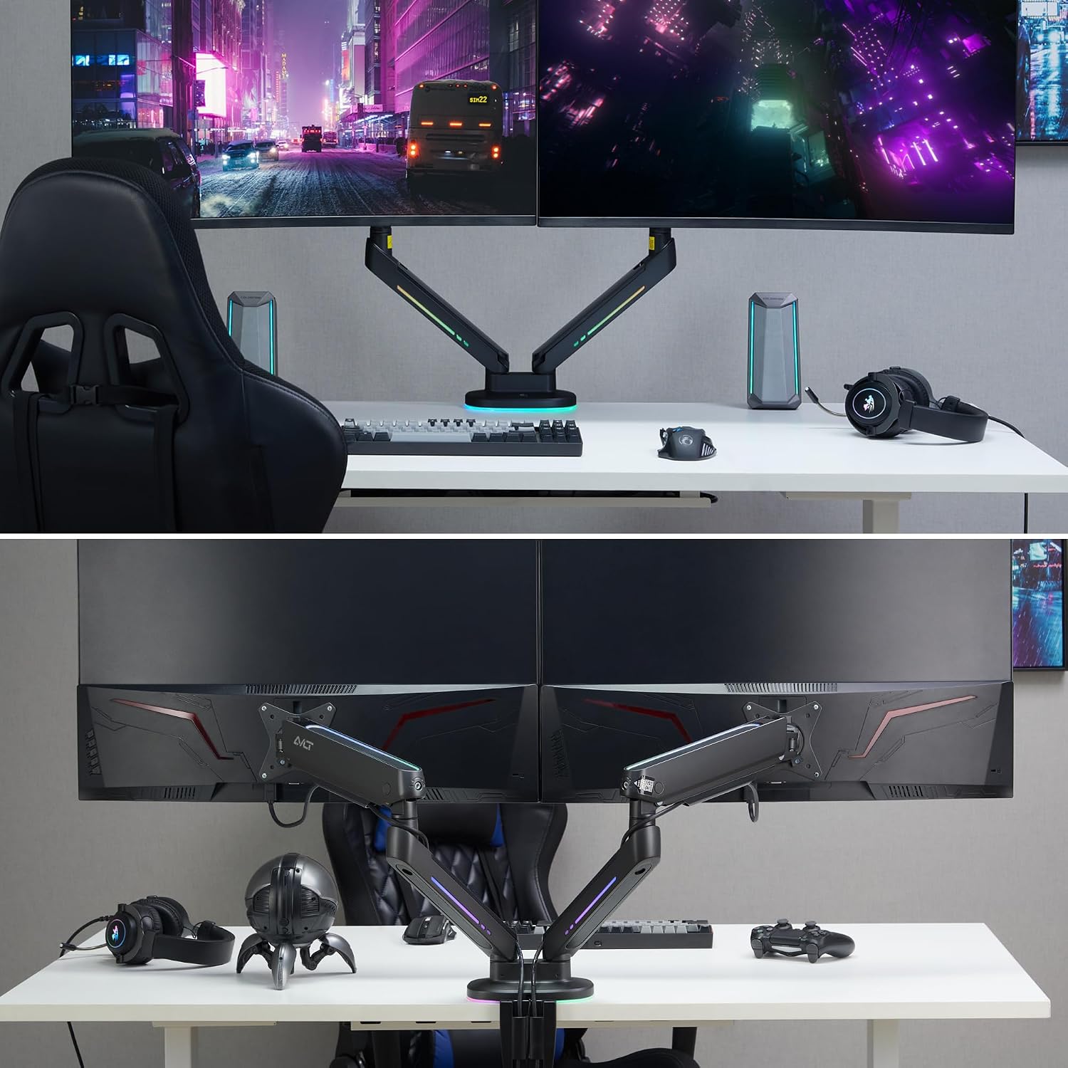 AVLT Dual 27'-43' RGB Gaming Monitor Arm Desk Mount Built-in 20 Lighting Modes Touch Button Control Fits Flat/Curved/Ultrawide Screen Height Swivel Tilt Rotation Adjustable Stand -Black