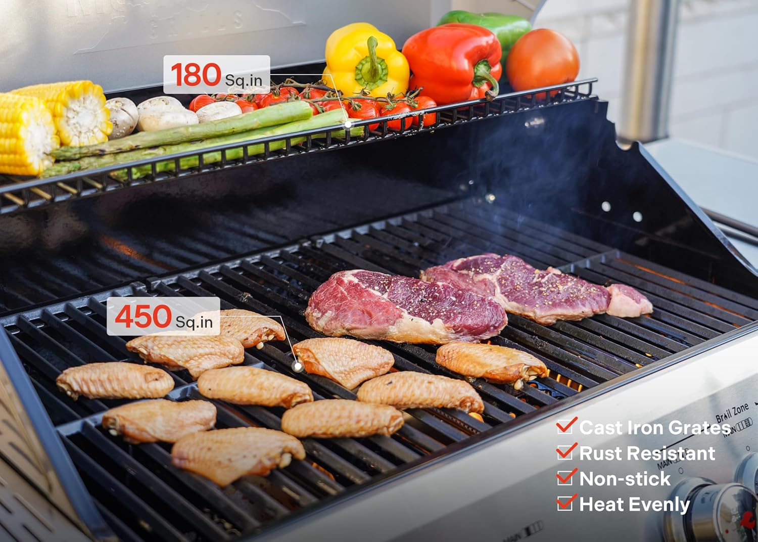 Monument Grills 4+1 Burner Natural Gas Grill with Hose, 50,000 BTU Stainless Steel Outdoor Patio Barbecue Grill with Cooking Plate, Fast Heating, Knob Control, M415BZNG
