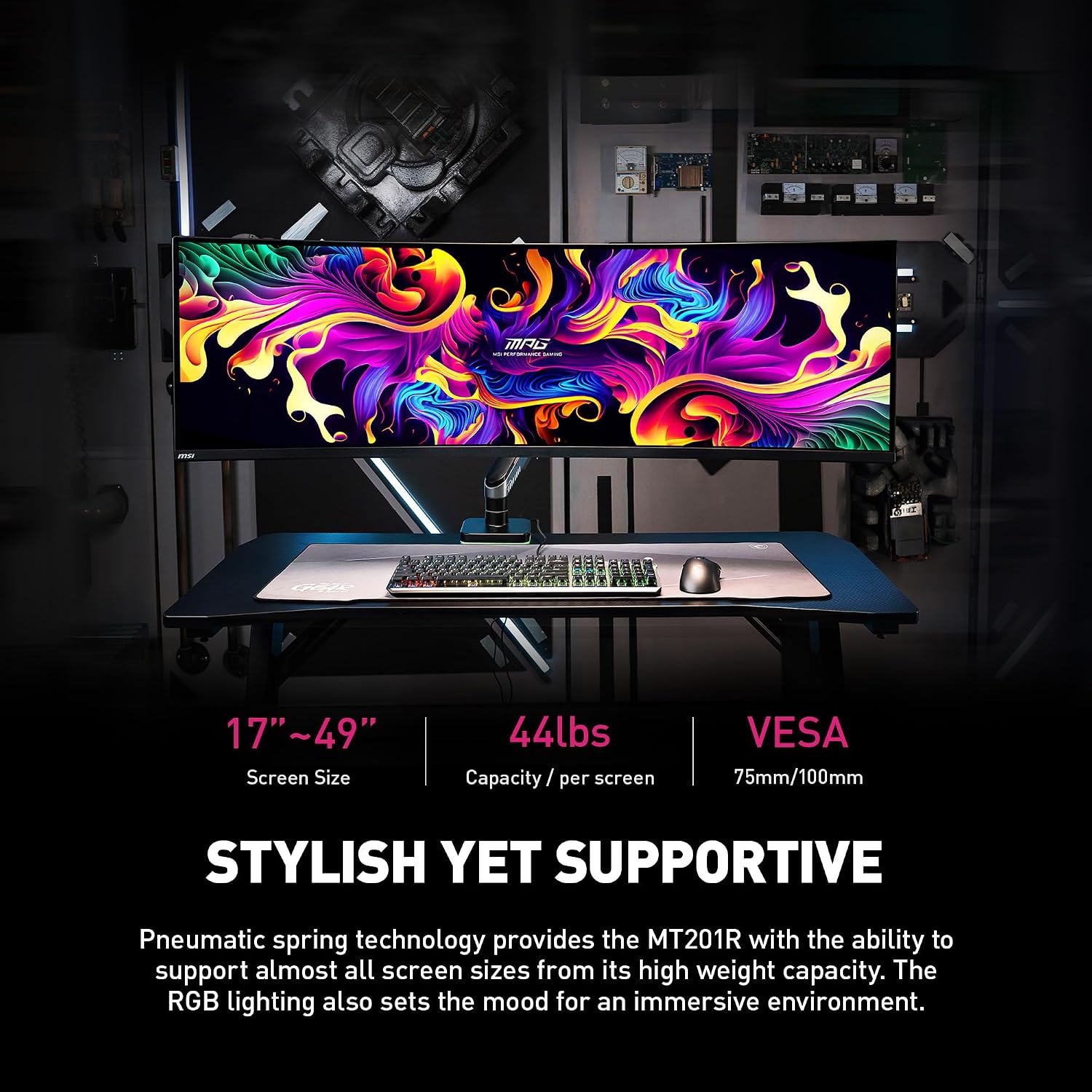 MSI MPG MT201R - Premium RGB Single Monitor Stand Arm, Supports 17-49' Screens and 44 lbs, VESA Compatible, Adjustable Heavy Duty Gas Spring Mount, Clamp & Grommet, Quick Release Plate - Gray