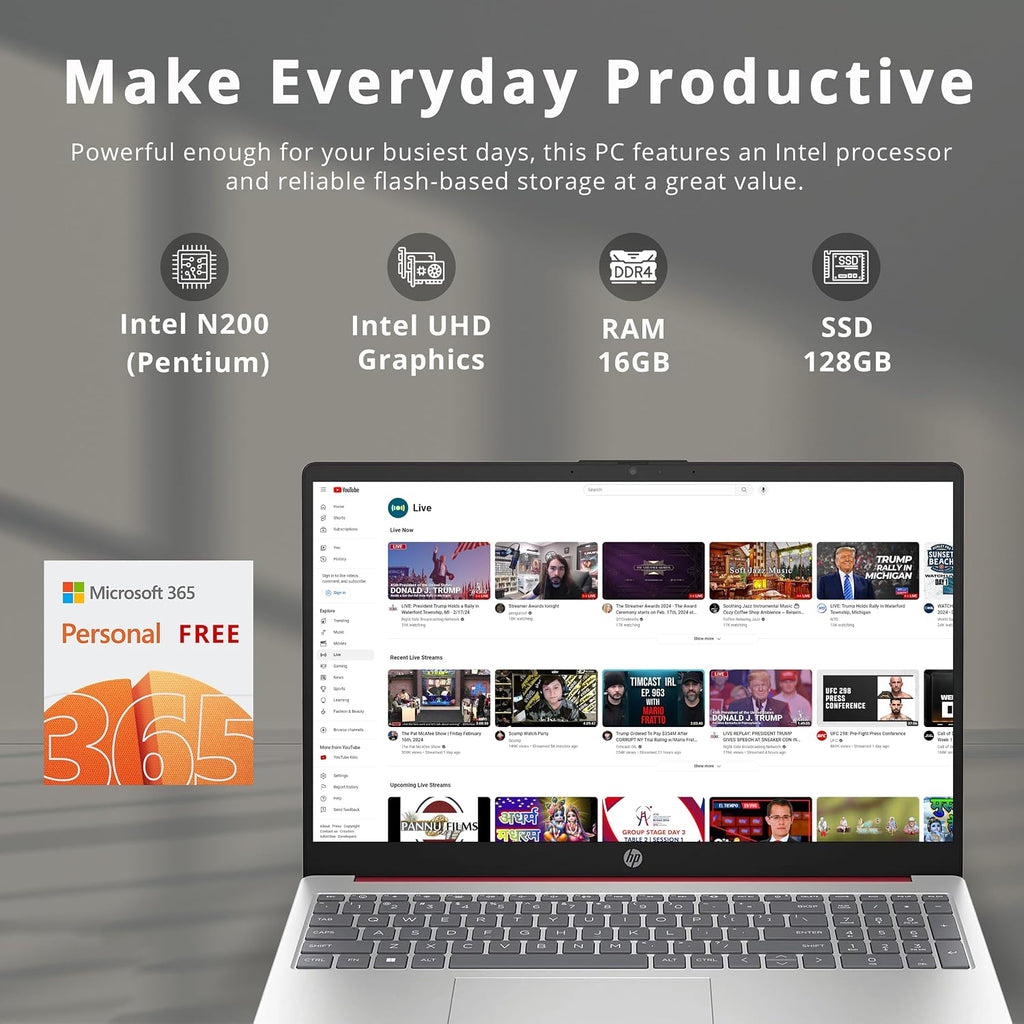 HP 15.6' HD Anti-Glare Everyday Laptop, Intel N200 Pentium Processor, 16GB DDR4 RAM, 128GB PCIe SSD, 1 Year Office 365, Intel UHD Graphics, Wi-Fi 6, Windows 11, Scarlet Red, 32GB Hotface USB Card