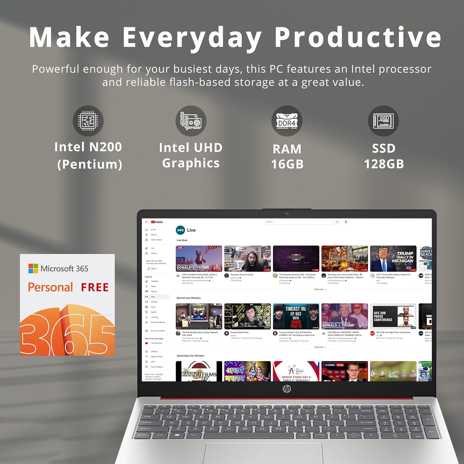 HP 15.6' HD Anti-Glare Everyday Laptop, Intel N200 Pentium Processor, 16GB DDR4 RAM, 128GB PCIe SSD, 1 Year Office 365, Intel UHD Graphics, Wi-Fi 6, Windows 11, Scarlet Red, 32GB Hotface USB Card