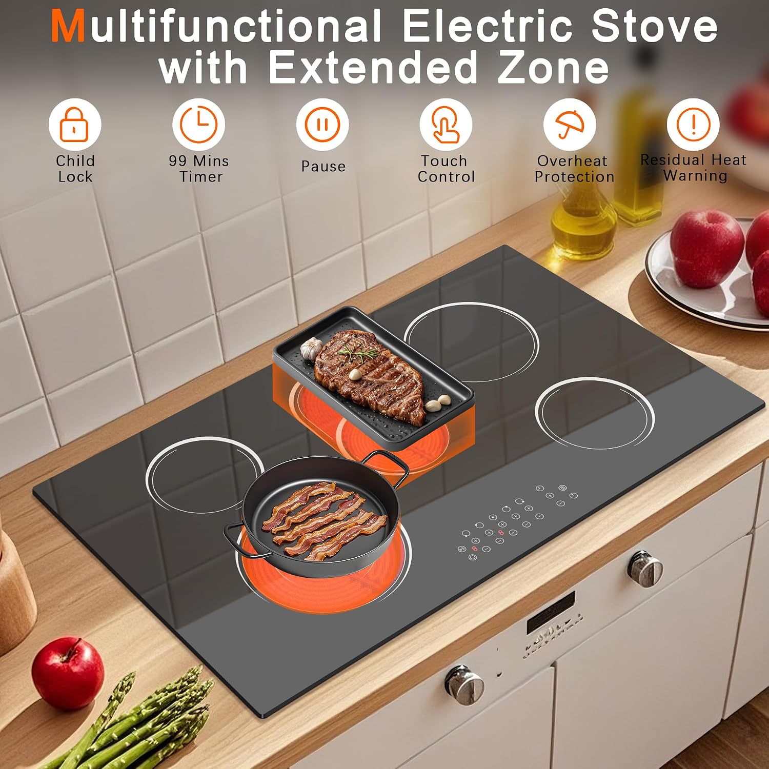5 Burner Electric Cooktop 36 Inch, Nefaracy Built-in Electric Stove Top 8400W, 36'' Ceramic Cooktop with Touch Control, BBQ Burner, Timer & Pause, Safety Lock, 220V Hard Wire