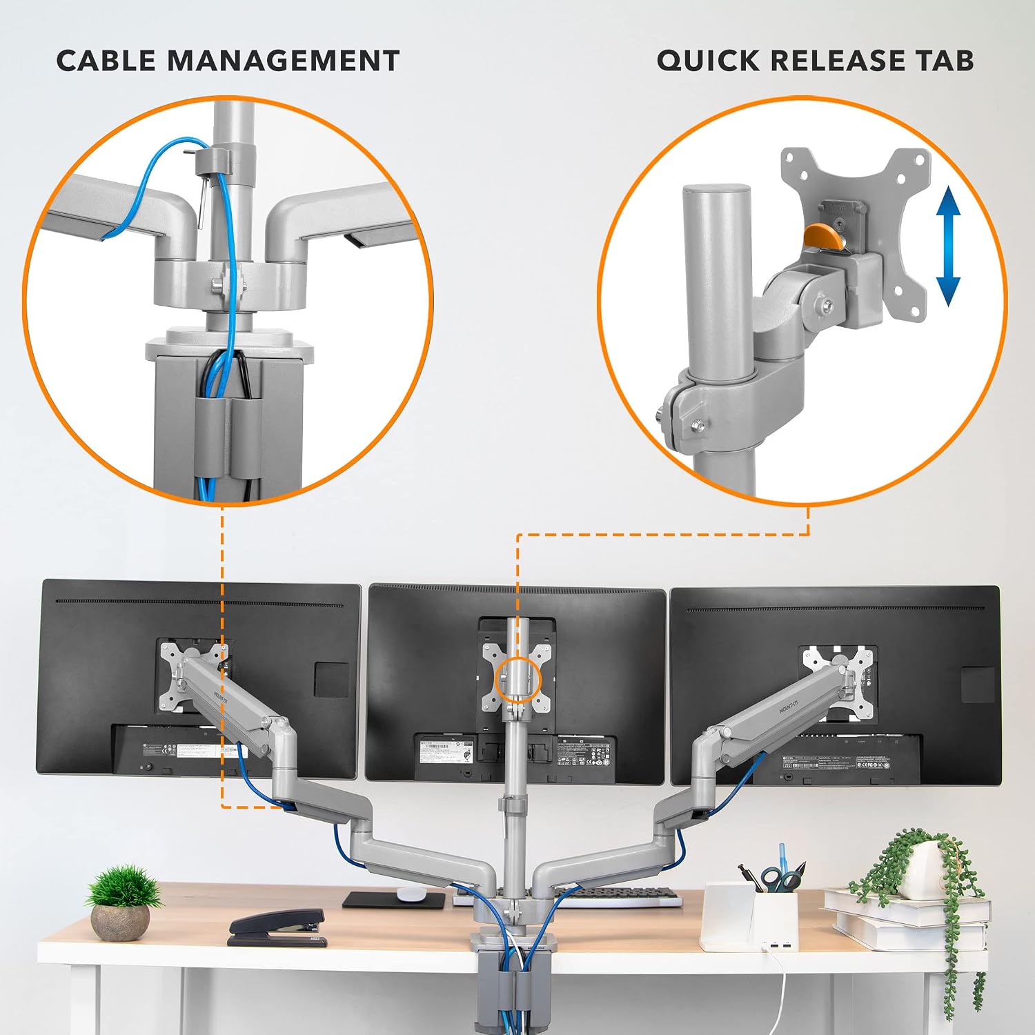 Mount-It! Triple Monitor Mount with Gas Spring Arms, Fits 24–32 Inch Screens, USB & Audio Ports, Full Motion Desk Stand with Tilt, Swivel & Rotation, Heavy Duty Silver 3 Screen Arm with Clamp