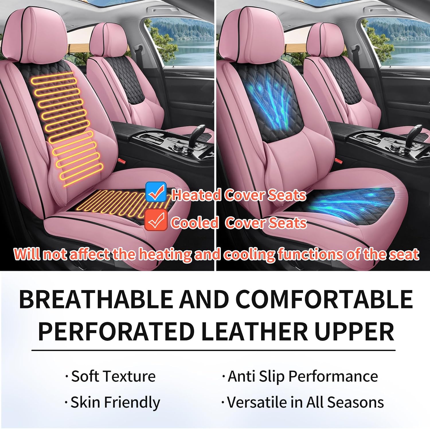 Car Seat Covers, Luxury Faux Leather Waterproof Non-Slip Seat Protector Universal Fit for Most Cars SUVs Trucks Pick-ups,Car Interior Accessories (Pink Black, Full Set)