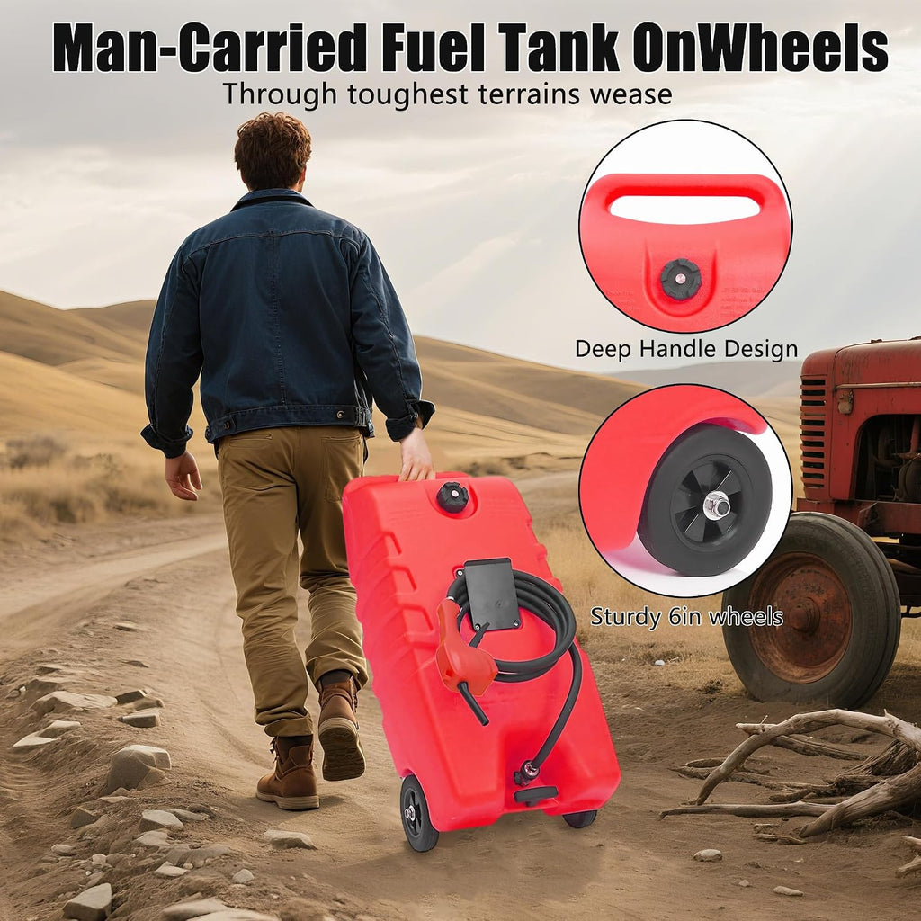 GAOMON Fuel Caddy, 14 Gallon Portable Gas Fuel Tank Container with LE Fluid Transfer Siphon Pump and 10ft. Delivery Hose, Diesel Storage Can On-Wheels for Cars, Lawn Mowers, ATVs, Boats - Red