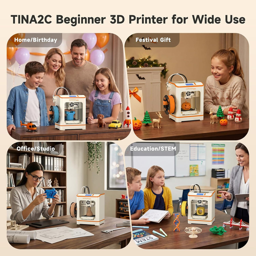 HEPHi3D TINA2C 3D Printer with WiFi Cloud Print, Fully Assembled Mini 3D Printer for Beginners and Kids, Auto Leveling, 2500+ Models APP Control 3D Printers Fully Open Source for Home, School, Office