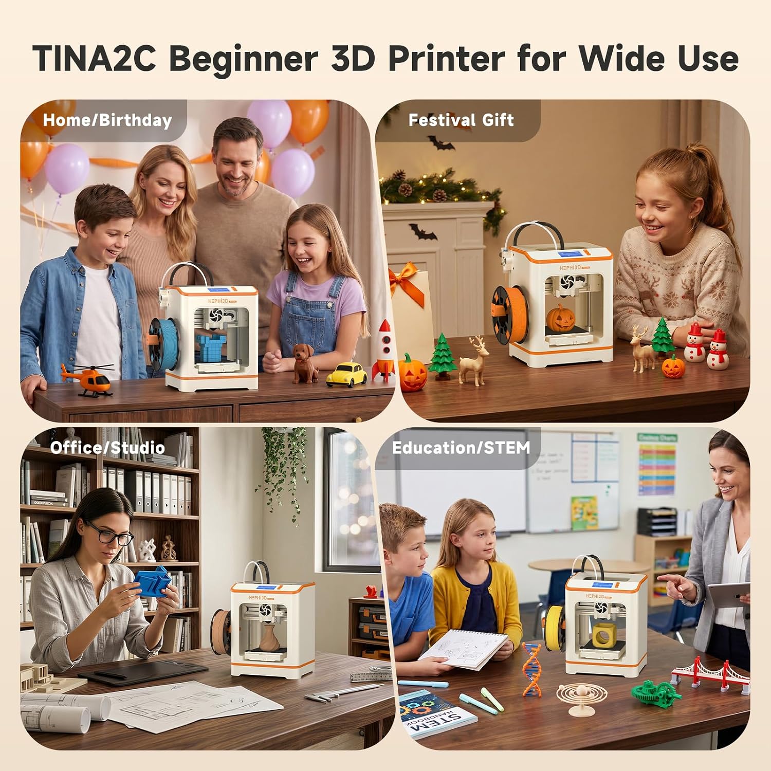 HEPHi3D TINA2C 3D Printer with WiFi Cloud Print, Fully Assembled Mini 3D Printer for Beginners and Kids, Auto Leveling, 2500+ Models APP Control 3D Printers Fully Open Source for Home, School, Office