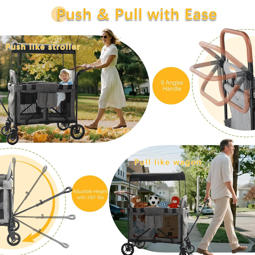 Wagon Stroller for 2 Kids, Foldable All-Terrain Wagon for Kids with Canopy, Adjustable Push and Pull Handles,Convertible High Seat & Organizer, 5 Point Harness (Light Gray)
