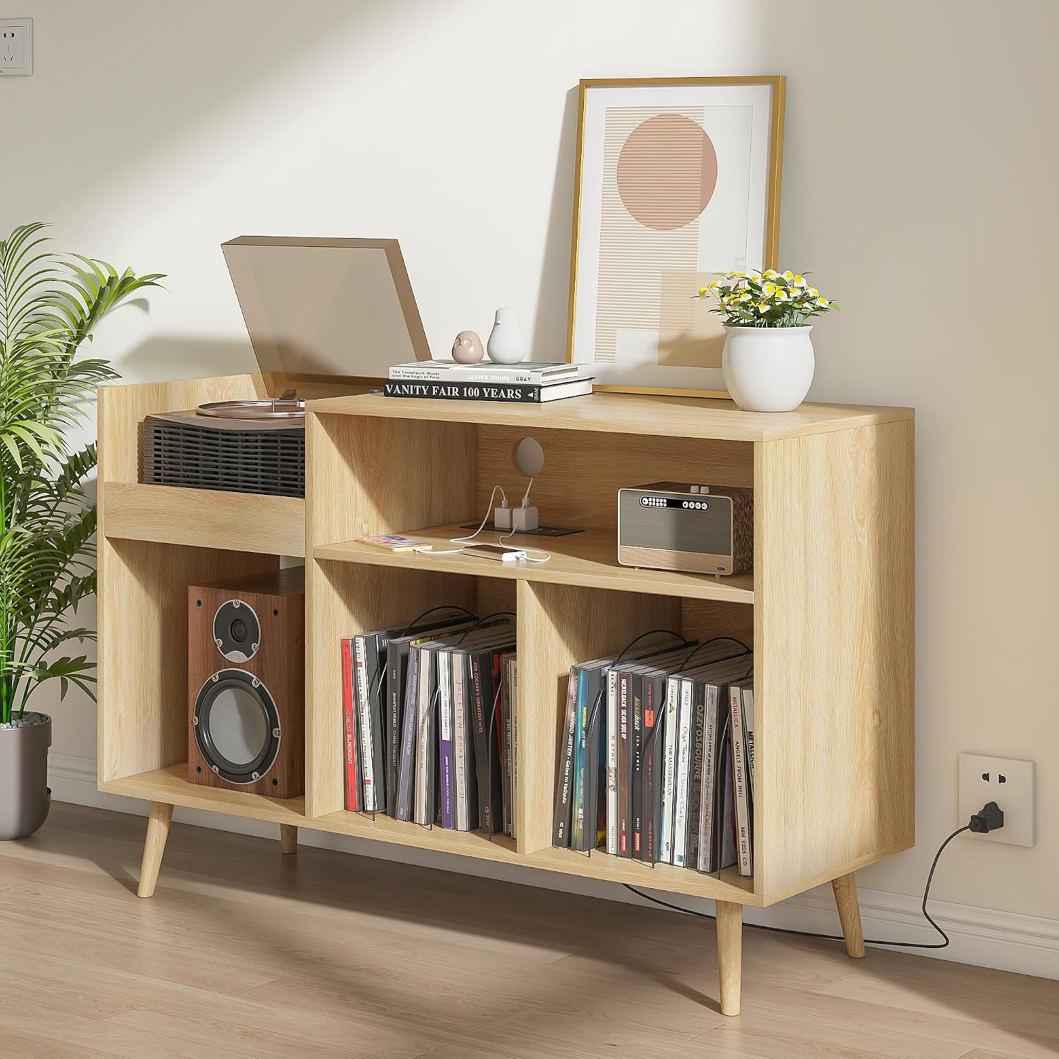 Record Player Stand with Charging Station & USB Ports, Mid-Century Turntable Stand Table Holds Up to 300 Albums, Vinyl Record Storage Cabinet with Wood Legs for Living Room Office (Wood)