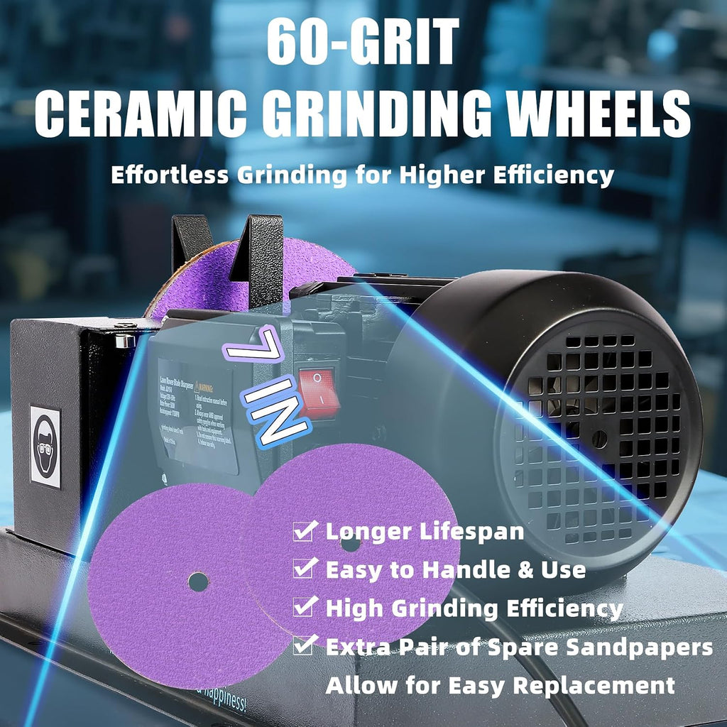 Lawn Mower Blade Sharpener, 2/3HP 500W Lawn Mower Blade Grinder with 7 in Ceramic Wheel, Flat Blades, Sharpens High/Low Lift, Adjustable Angle Bracket and Blade Balancer, Etc.