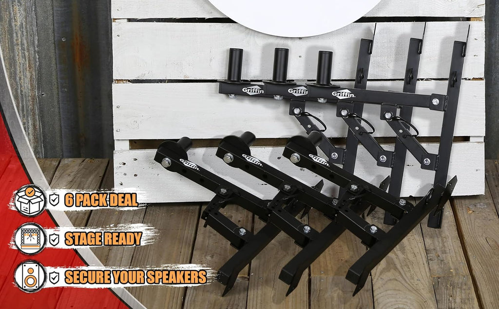 GRIFFIN 6-Pack PA Speaker Wall Mount Bracket Stands (All-SteelPRO Edition) – Audio Speaker Pole Holder – Securing Locking Pin & 3 Horizontal Level Tilt Adjustments – DJ On Stage Studio Monitor Holders