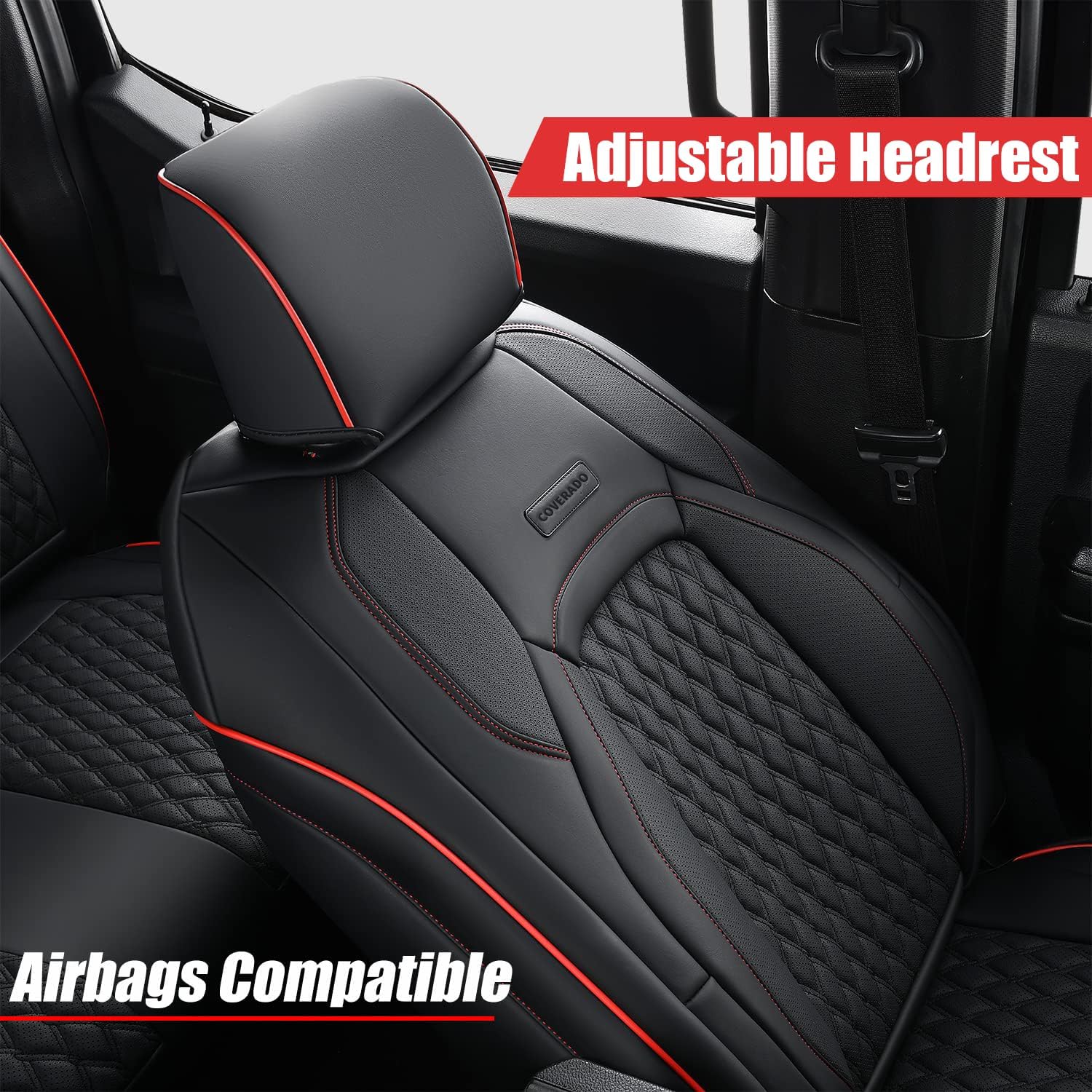 Coverado Wrangler JK Seat Covers, Custom Fit for Pickup Truck Jeep Wrangler Seat Covers 2/4 Door, Waterproof Leather Car Seat Covers Cushions for Jeep Wrangler Accessories 2008-2012(Red Line)