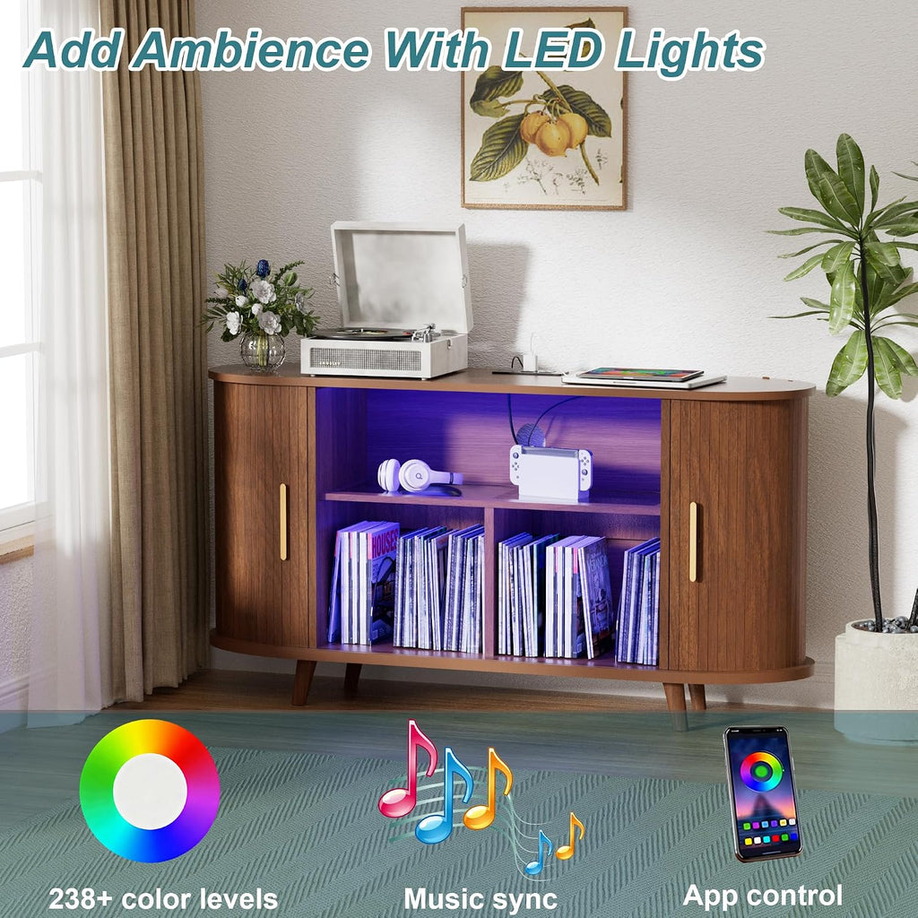Large Record Player Stand with LED Lights, Vinyl Record Storage with Charging Station & USB Ports, Record Player Cabinet for Living Room(Natural, 55in) (Walnut, 55in)