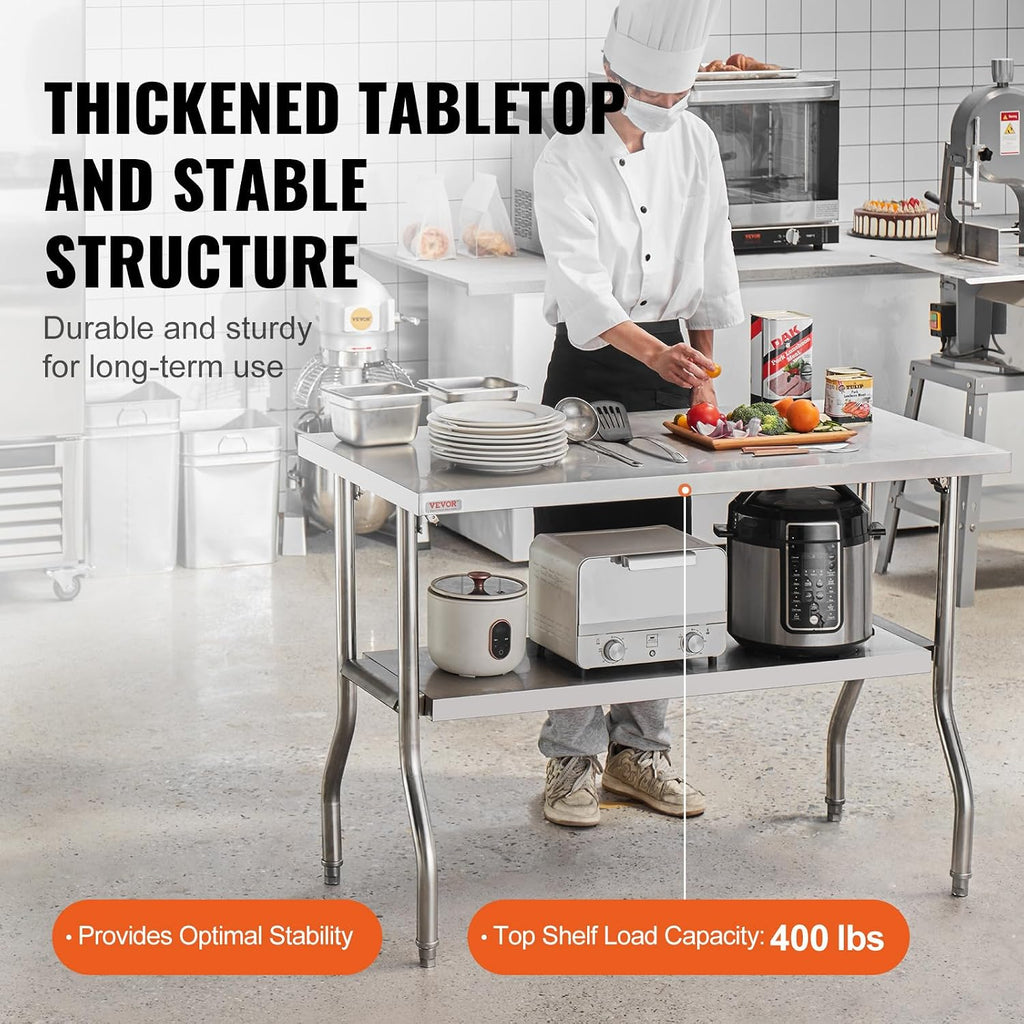 VEVOR Stainless Steel Foldable Work Table, 48 * 24 Inch Heavy Duty Food Outdoor Double Layer Stainless Steel Worktable for Commercial Kitchen Restaurant