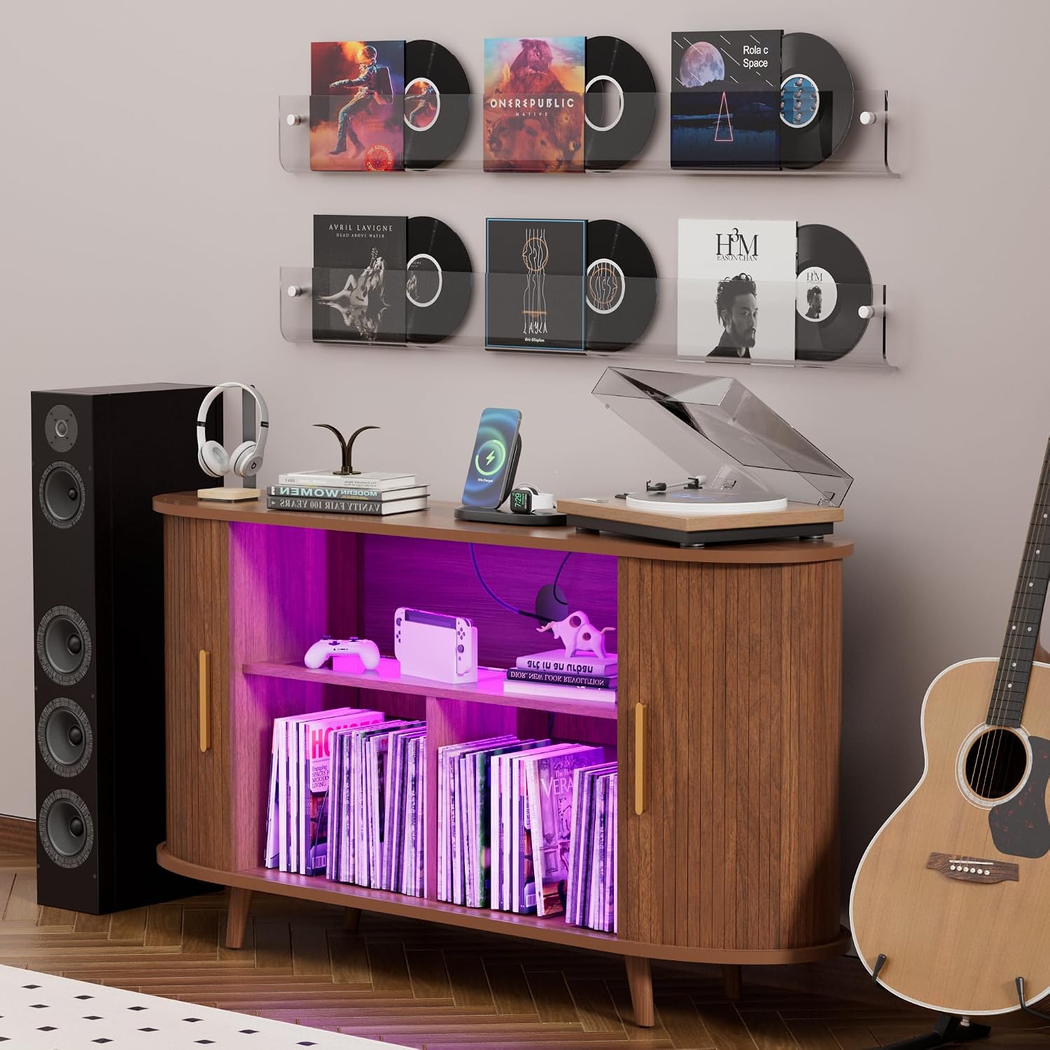 Large Record Player Stand with LED Lights, Vinyl Record Storage with Charging Station & USB Ports, Record Player Cabinet for Living Room(Natural, 55in) (Walnut, 55in)