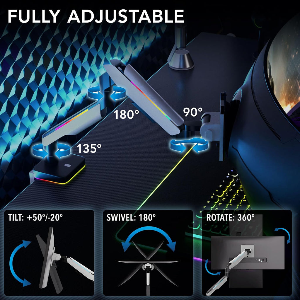 Mount-It! Heavy Duty Dual Monitor Arm up to 35 in. 44 lbs Screens, RGB Lights, 75x75 100x100 VESA Desk Mount for 2 Widescreen Curved Monitors 27 32 34 35 inches, Gas Spring, Clamp, Grommet, RGB Lights