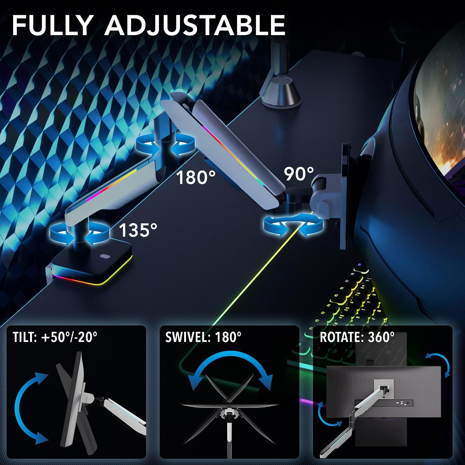 Mount-It! Heavy Duty Dual Monitor Arm up to 35 in. 44 lbs Screens, RGB Lights, 75x75 100x100 VESA Desk Mount for 2 Widescreen Curved Monitors 27 32 34 35 inches, Gas Spring, Clamp, Grommet, RGB Lights
