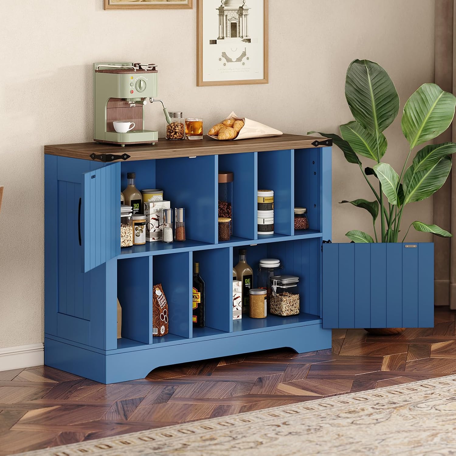 GarveeHome 39in Large Vinyl Record Storage, Farmhouse Wood Turntable Record Player Stand with Storage Cabinet and 2 Barn Doors for Living Room Bedroom, Navy Blue