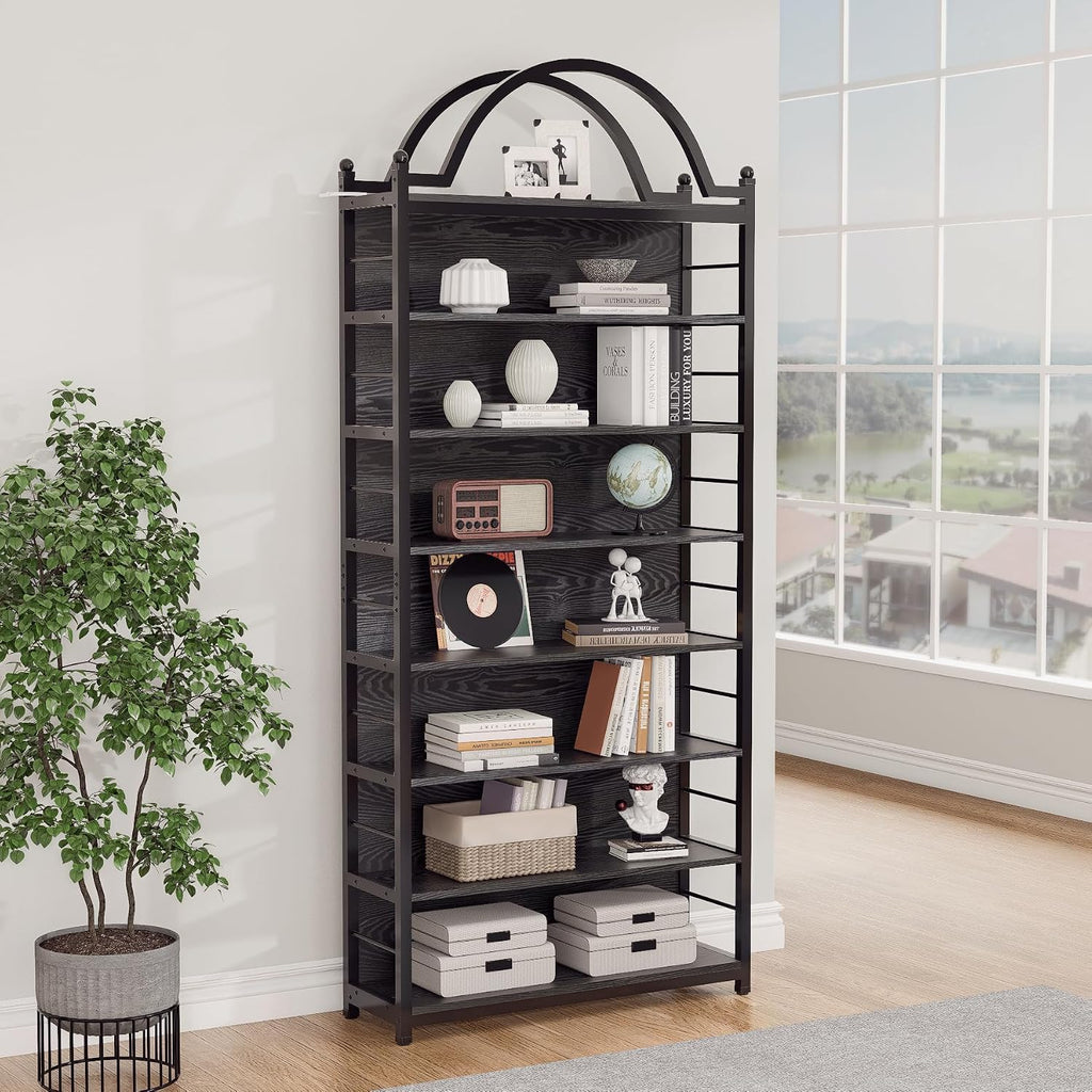 78.7' 8-Tier Industrial CD Rack,DVD Media Storage Shelf,Metal Frame&MDF Bookshelves with Arched Top for Living Room, Bedroom or Home Office,Black