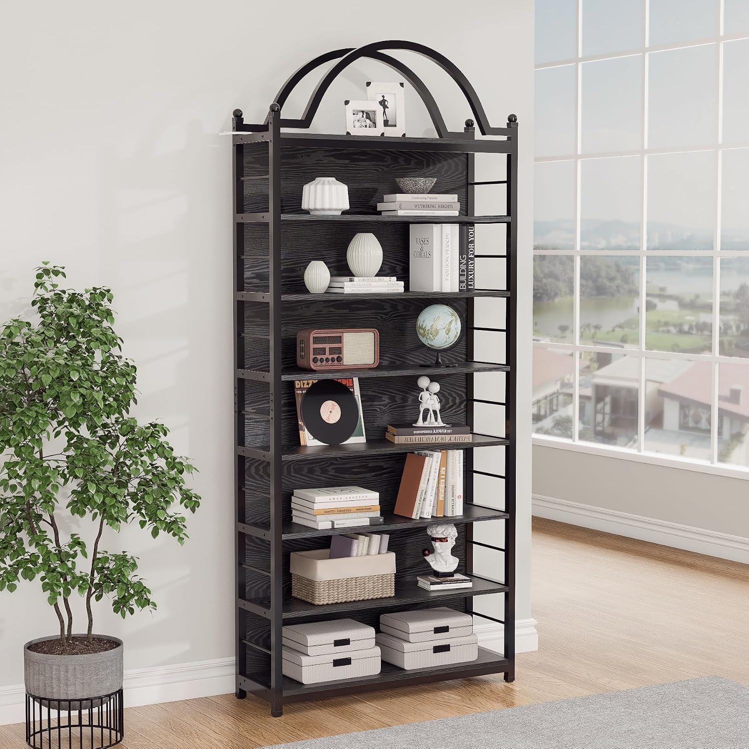 78.7' 8-Tier Industrial CD Rack,DVD Media Storage Shelf,Metal Frame&MDF Bookshelves with Arched Top for Living Room, Bedroom or Home Office,Black
