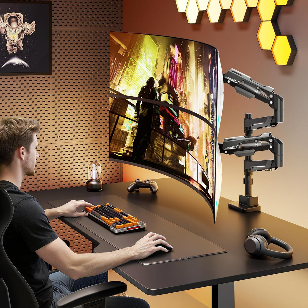 ARES WING Vertical Dual Monitor Mount - 24-57' Aluminum Heavy Duty Monitor Arms for 2 Monitors, Fully Adjustable Gas Spring Stacked Monitor Stand with 75/100/200 Vesa Mount, Black