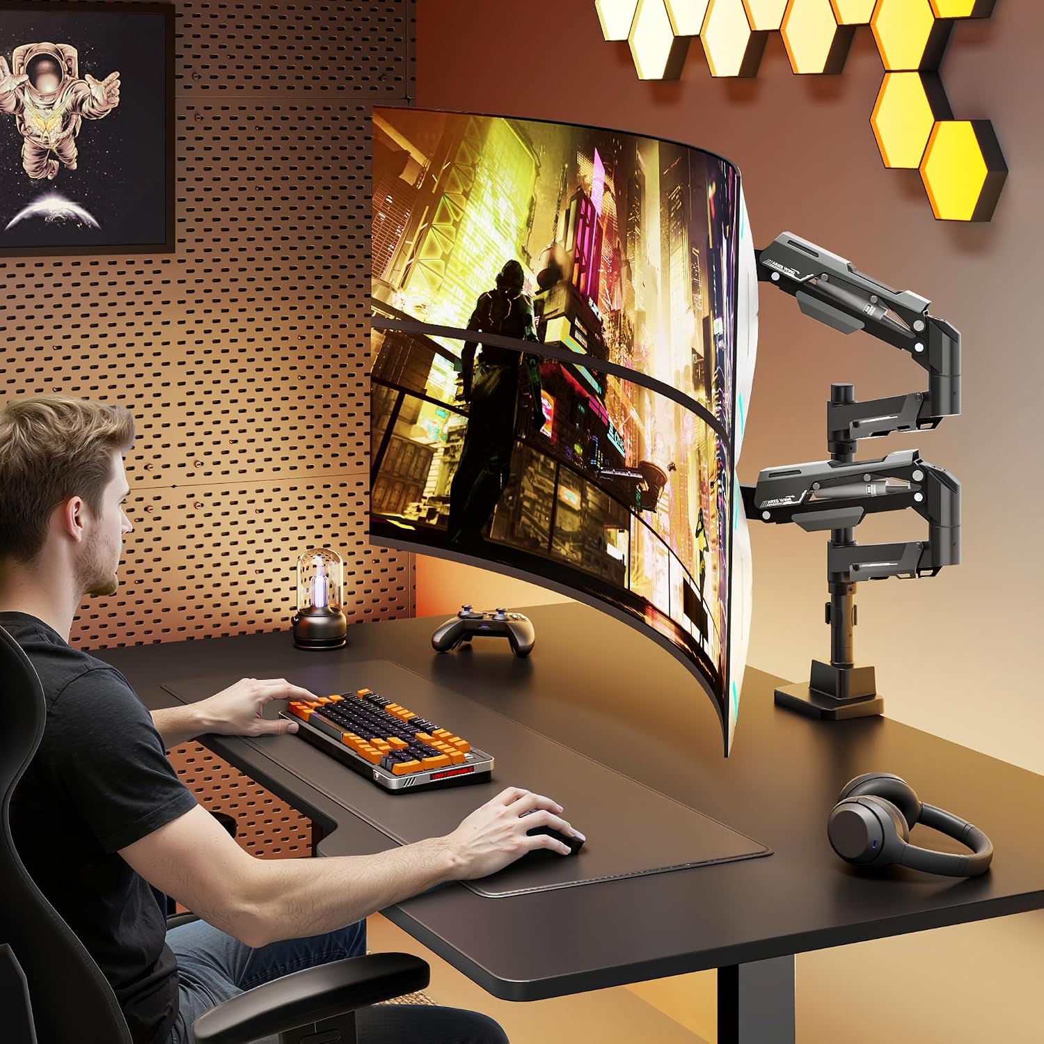 ARES WING Vertical Dual Monitor Mount - 24-57' Aluminum Heavy Duty Monitor Arms for 2 Monitors, Fully Adjustable Gas Spring Stacked Monitor Stand with 75/100/200 Vesa Mount, Black