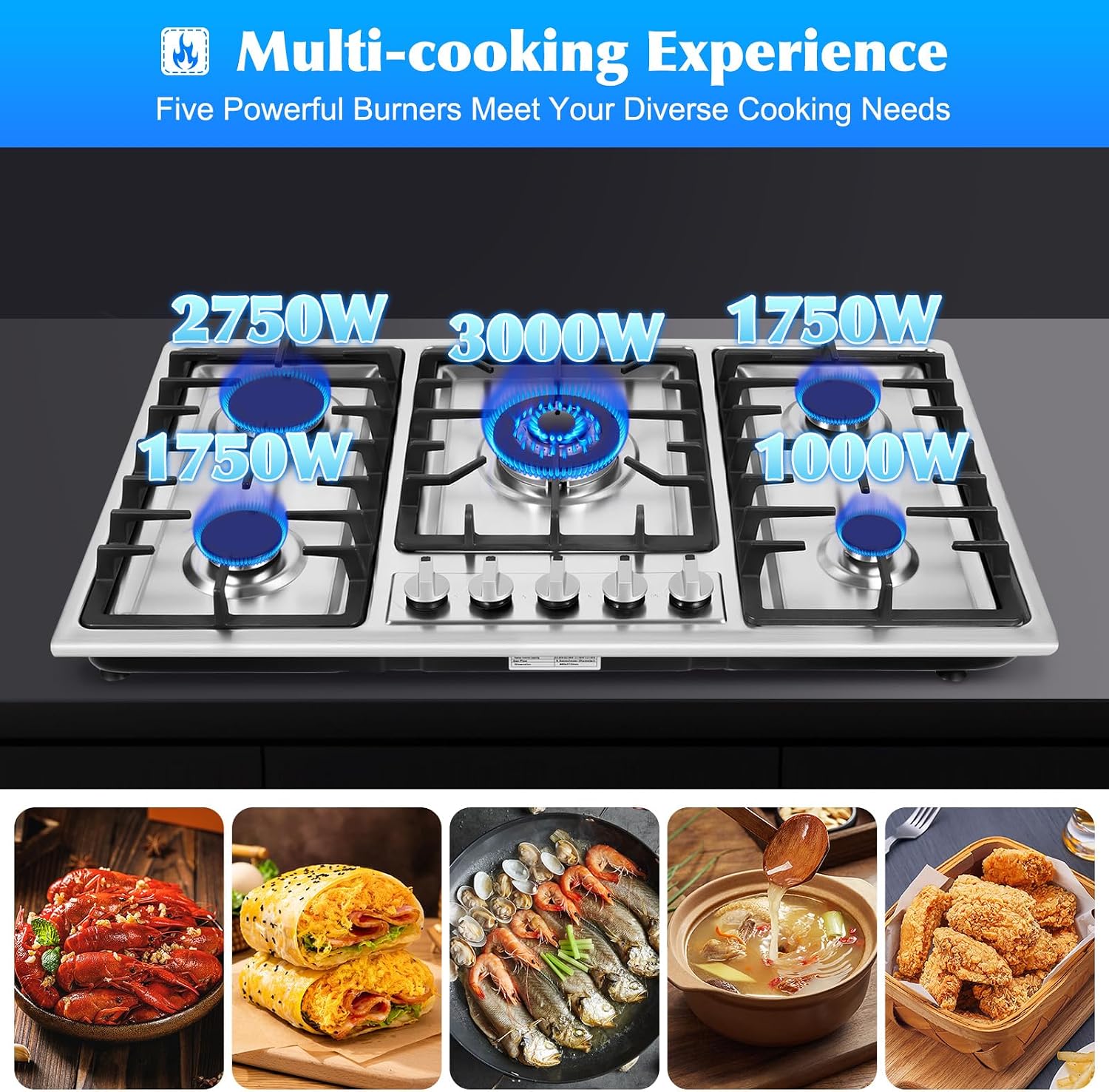 34 Inch Gas Cooktop with 5 Burners, Stainless Steel Gas Cooktop Built-In Gas Stove Top Commercial Home Gas Cooktops