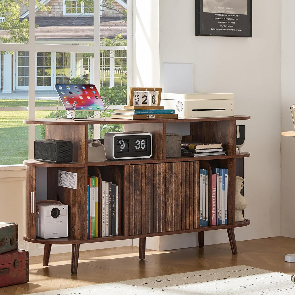 LELELINKY Large Round Record Player Stand with Charging Station & Fluted Panel, Brown Mid Century Modern Turntable Cabinet with Vinyl Storage, Arched Wood Record Player Table for Living Room