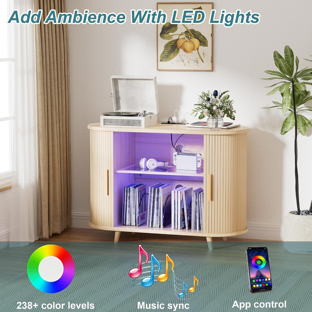 Large Record Player Stand with LED Lights, Vinyl Record Storage with Charging Station & USB Ports, Record Player Cabinet for Living Room(Natural, 55in) (Natural, 39in)