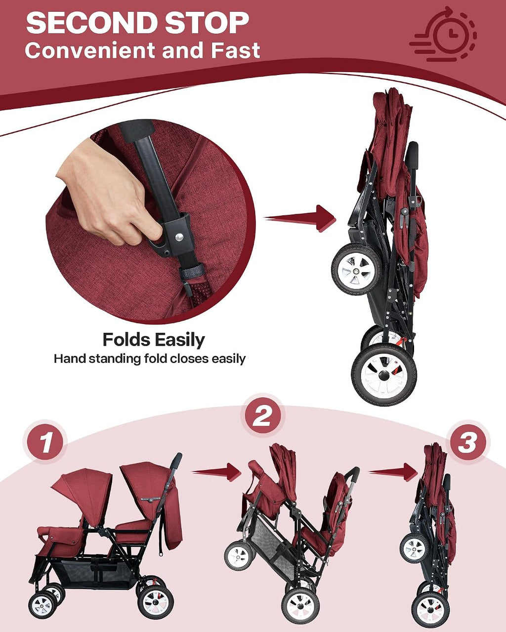Double Stroller for Infant Toddler, Foldable Double Baby Stroller with Tandem Seating and Adjustable Backrest - Extra Gift Toys/Mosquito Net/Sleeping Mats/ 2 Cotton Pads/ 2 Hooks(Red)