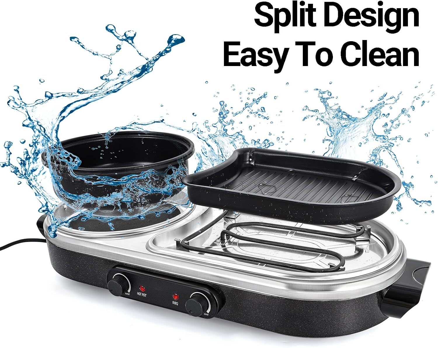 Electric Hot Pot Grill Removable 2 in 1 Shabu-shabu Pot Korean BBQ Grill Large Baking Tray Divider Hotpot, Smokeless Non-Stick Cooker Pan, Temperature Control, 2-10 People