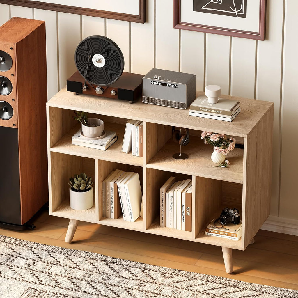 IDEALHOUSE Record Player Stand with Vinyl Storage, 39.5in Large Vinyl Record Holder Player Cabinet Wood Turntable Stand Up to 350 Albums with Charging Station for Living Room, Natural