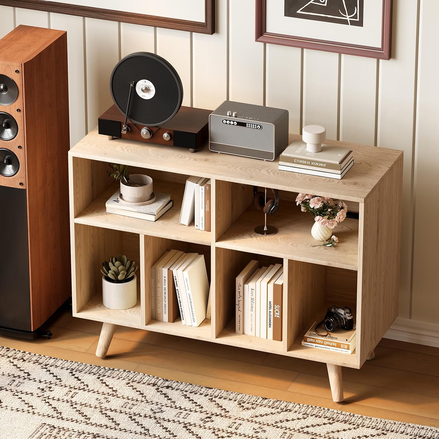 IDEALHOUSE Record Player Stand with Vinyl Storage, 39.5in Large Vinyl Record Holder Player Cabinet Wood Turntable Stand Up to 350 Albums with Charging Station for Living Room, Natural