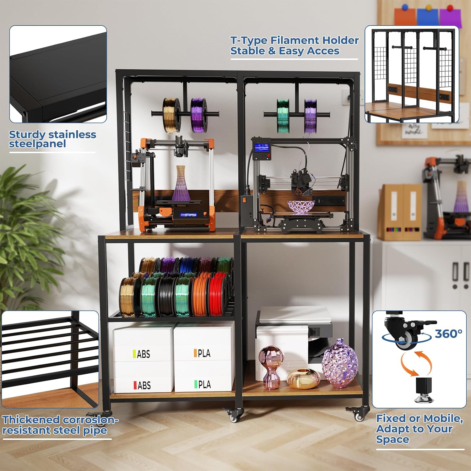 Double 3D Printer Stand with Filament Storage, Heavy-Duty Metal Frame Dual 3D Printer Table Workbench, T-Type Filament Holder, Lockable Wheels, Mobile or Fixed Printer Rack for Home & Workshop