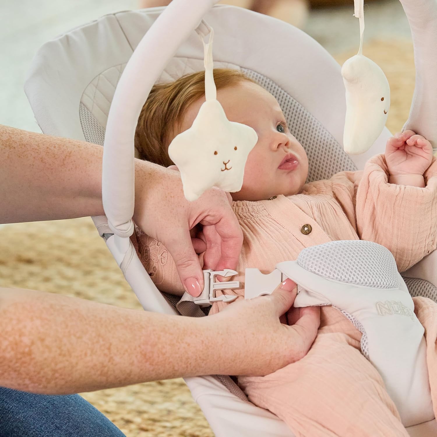 Nuby Deluxe Baby Bouncer Seat - Portable Infant Bouncer with Music, Fun Sounds, and Soothing Vibrations - Digital Display - 0-6 Months - Beige