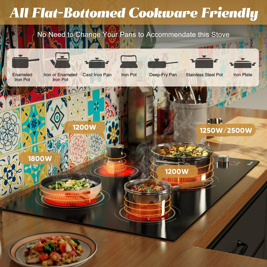 30 Inch Electric Cooktop 4 Burner - Built-in(29.13'x19.3') Ceramic Stove 6700W, 30' Radiant Electric Cook Top with Timer, Safety Lock, Pause, Dual Ring, 220V - 240V Hard Wired(Silver Knob)