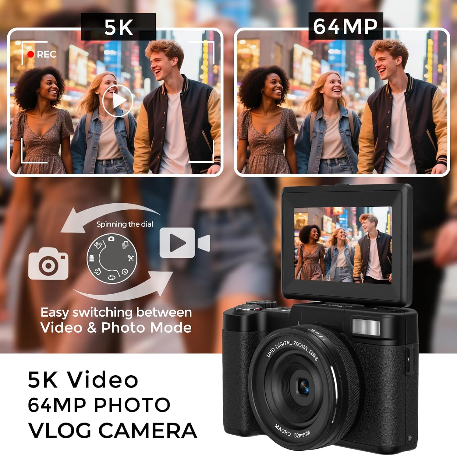5K Vlogging Camera with WiFi 64MP 4K Digital Camera for Photography Vlog Camera with Flip Screen Video Camera for YouTube with Selfie Light, Desk Tripod, Batteries