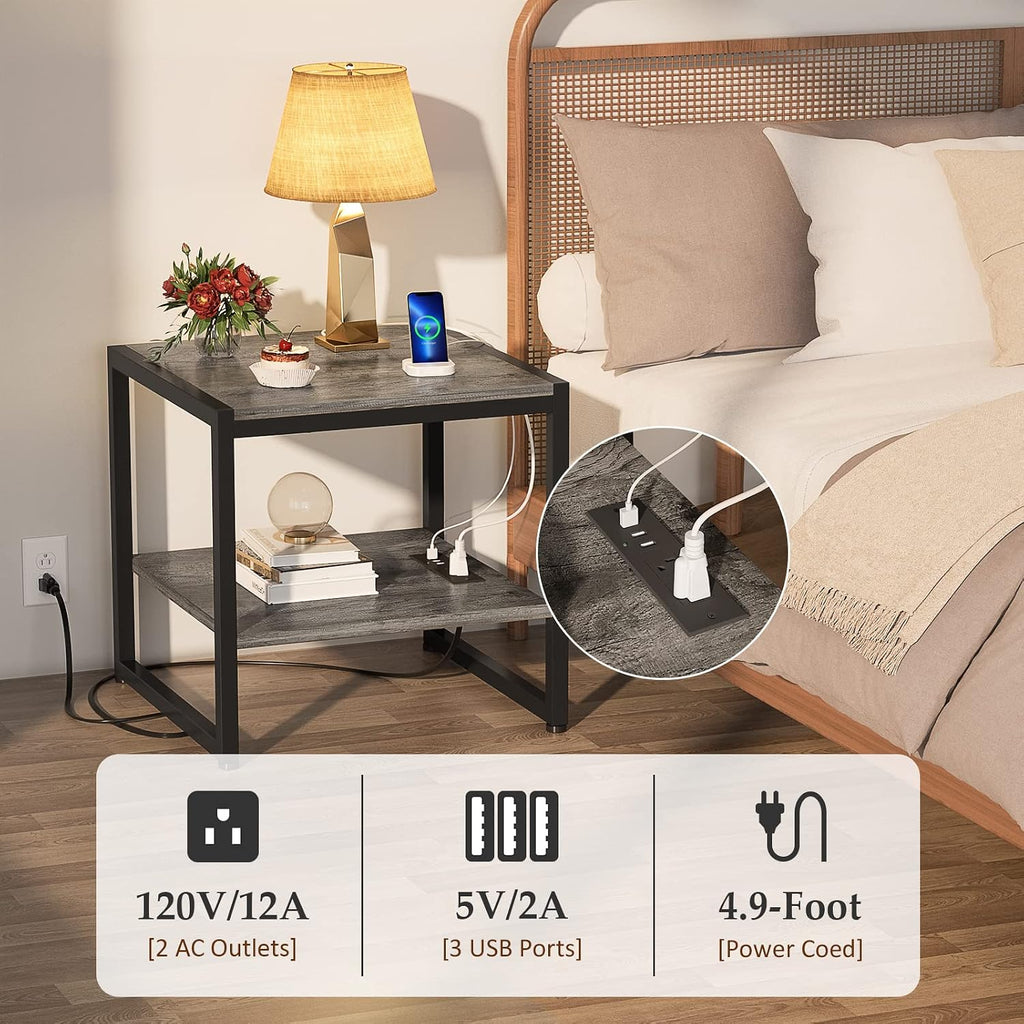 Homieasy End Table with Charging Station, 20' Mini Fridge Stand with Power Outlets, Heavy Duty Side Table for Living Room, Small Table Stand & Fridge Table, Black Oak, 2 Pack