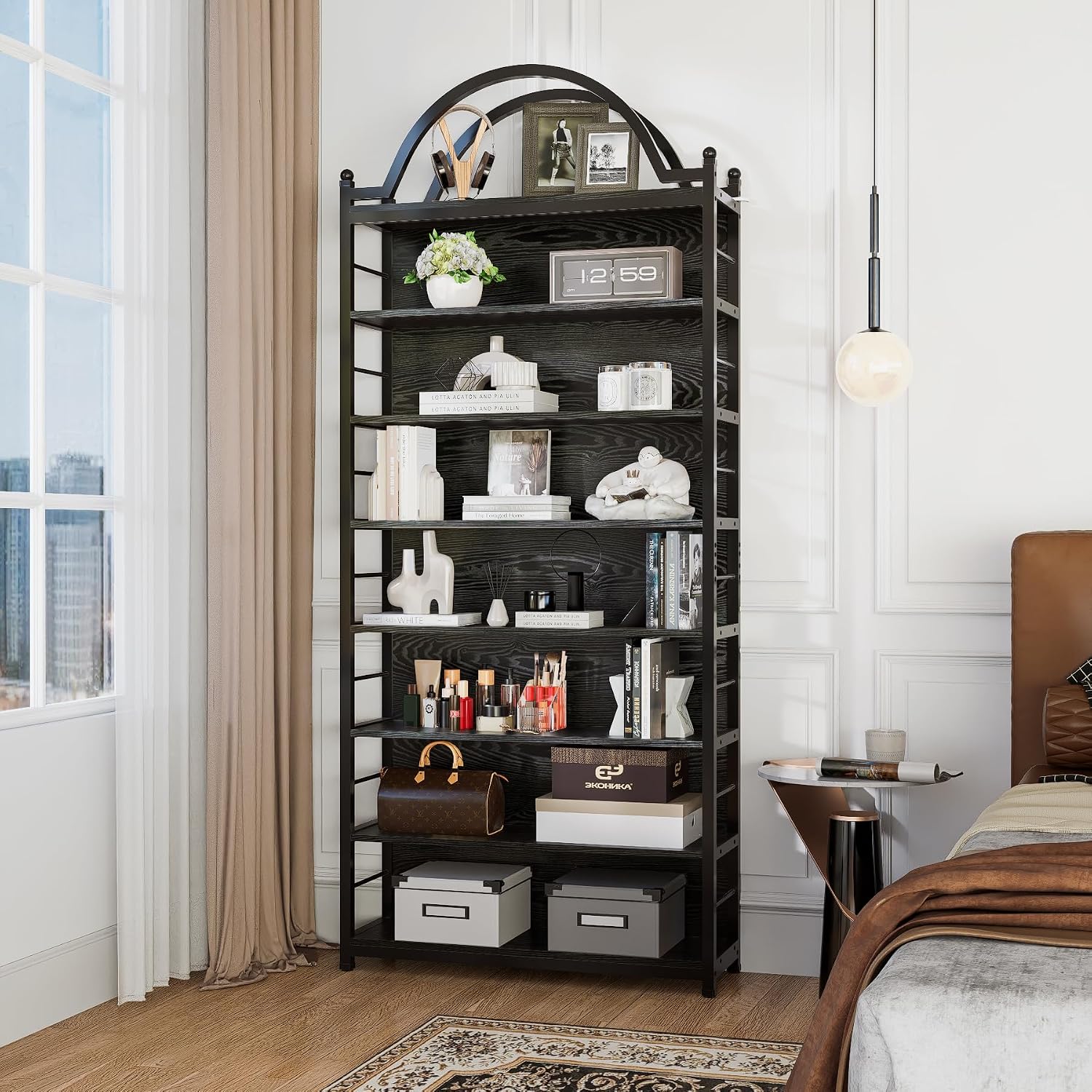 78.7' 8-Tier Industrial CD Rack,DVD Media Storage Shelf,Metal Frame&MDF Bookshelves with Arched Top for Living Room, Bedroom or Home Office,Black
