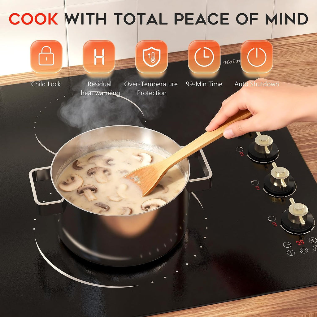 Electric Cooktop 30 Inch Hobsir, 4 Burner Electric Stove Top 6700W, Dual-Ring Burner & Oval Burner, 9 Power Level, 30 Inch Cook top with Safety Lock, Timer, Golden Knob