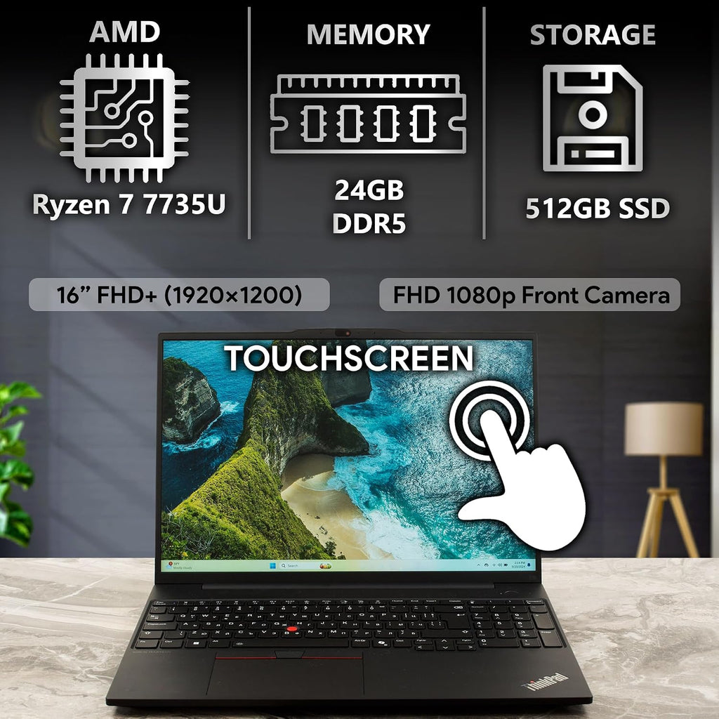 Lenovo ThinkPad E16 Gen 2, FHD+ 16' Touchscreen, AMD Ryzen 7 7735U, 24GB RAM, 512GB SSD, Fingerprint, Backlit Keyboard, WiFi 6E + BT, RJ-45, FHD Webcam, Win 11 Pro, AI Business Laptop