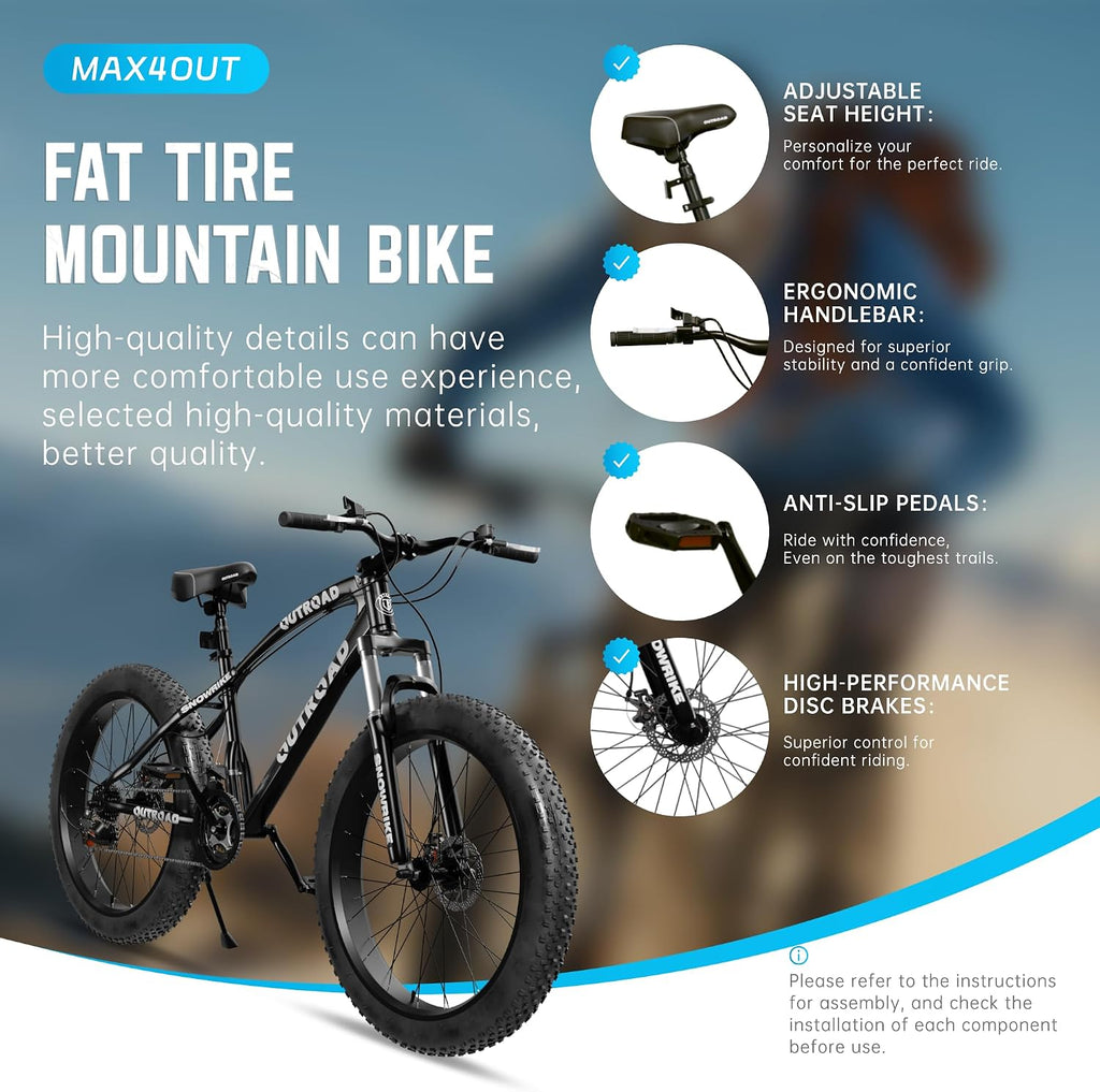 26' Fat Tire Mountain Bike with 4 inch Knobby Tires, 21 Speed MTB with Dual Disc Brake for Adults, Anti-Slip Bicycle, Black, White, Blue&Purple