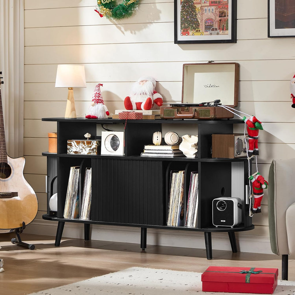 LELELINKY Large Round Record Player Stand with Charging Station & Fluted Panel, Black Farmhouse Turntable Cabinet with Vintage Vinyl Storage, Arched Wood Record Player Table for Living Room