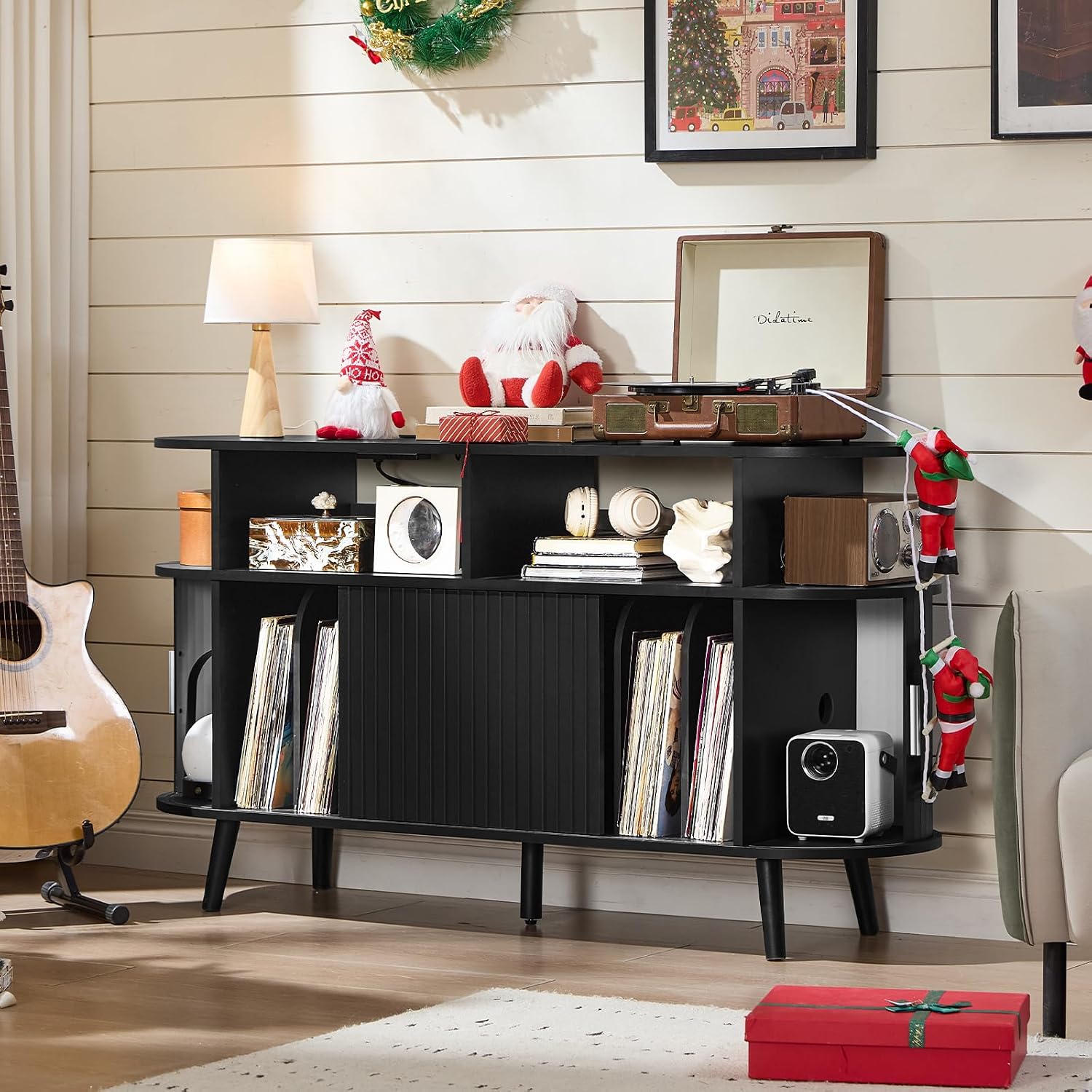 LELELINKY Large Round Record Player Stand with Charging Station & Fluted Panel, Black Farmhouse Turntable Cabinet with Vintage Vinyl Storage, Arched Wood Record Player Table for Living Room