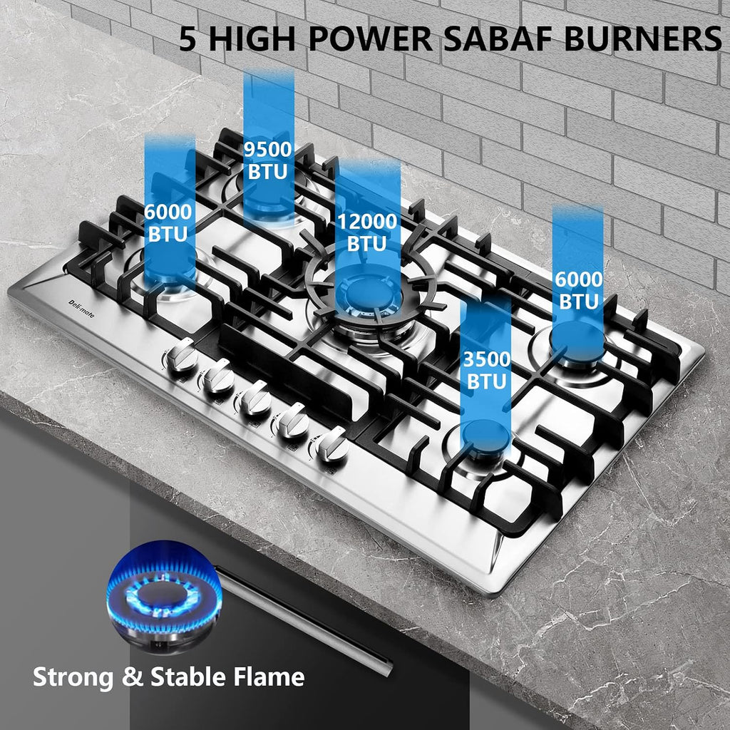 30 Inch Gas Cooktop, Stainless Steel Built-in 5 Burners Gas Stovetop LPG/NG Convertible Gas Stove Top Dual Fuel Cooktop DM527-02