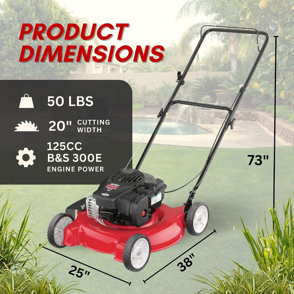 Yard Machines Gas Powered Push Lawn Mower with Engine Oil, 20 Inch Steel Cutting Deck, and Side Discharge for Outdoor Yards, Red/Black