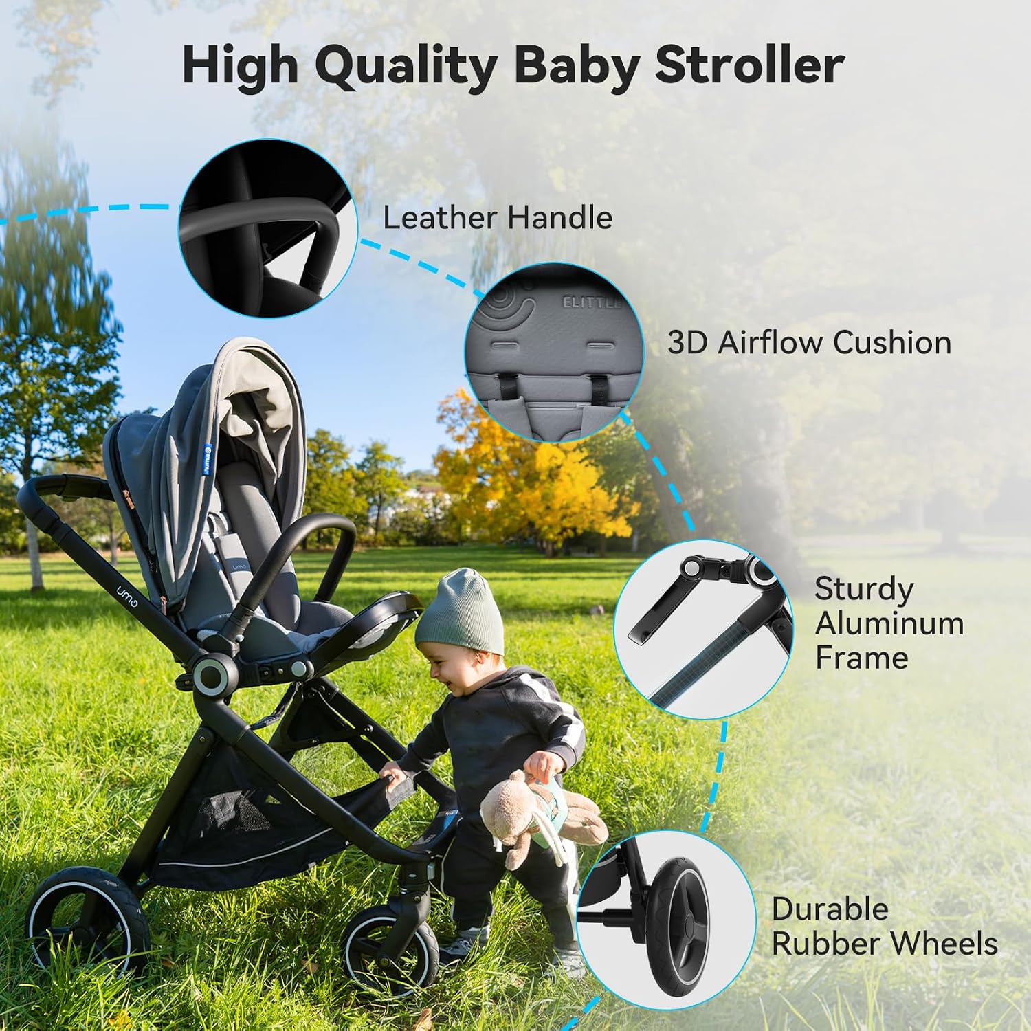 EMU Baby Stroller with Reversible Seat Full-Size Infant Stroller with Full Recline Cockpit Compact Foldable Toddler Carriage for Outdoor City - Black